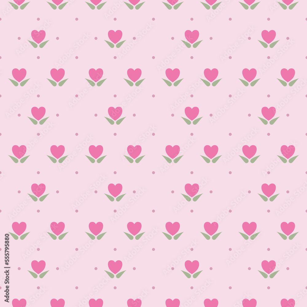 In this seamless pattern,design a beautiful heart flower. Placed on a background in the same tone as the flowers. Add a circle of the same color as the flowers arranged in a lovely and beautiful.