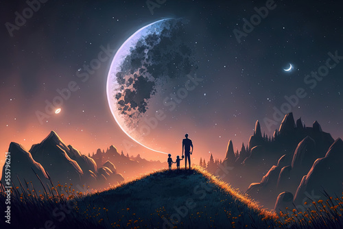 The Big Moon and Shooting Stars in the Beautiful Night with the Father and Son. Digital CG Artwork, Concept, and Realistic Cartoon Style for Video Games Background. Generative AI © 2rogan