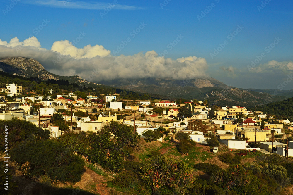 Scenic overview of Monolithos village, Rhodes, Dodecanese, Aegean Sea, Greece, Europe Scenic overview of Monolithos village, Rhodes, Dodecanese, Aegean Sea, Greece, Europe