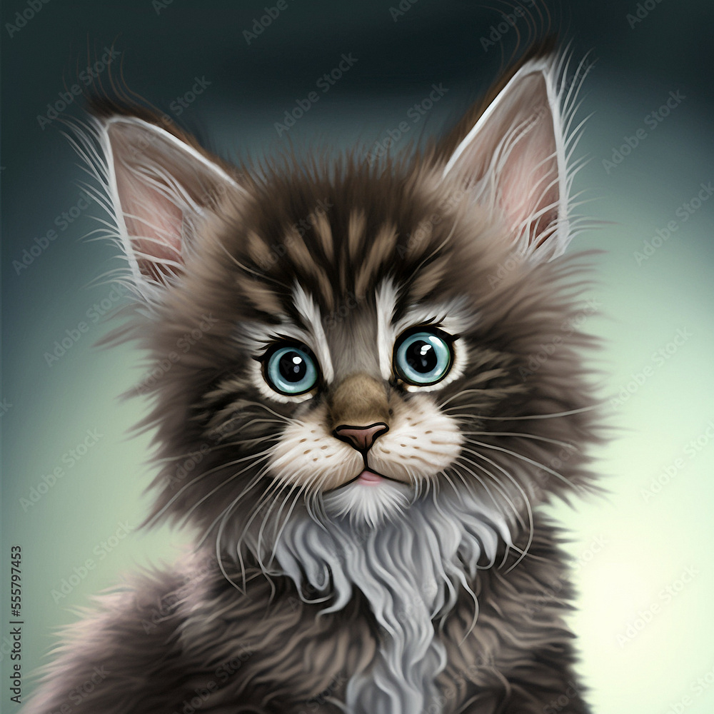 mainecoon kitten illustration, cute, adorable, fluffy, generative ai, generative, ai