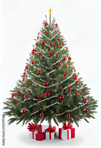 Christmas Tree Single Ornaments Lights Presents Vertical Flat White Background Image © DigitalFury
