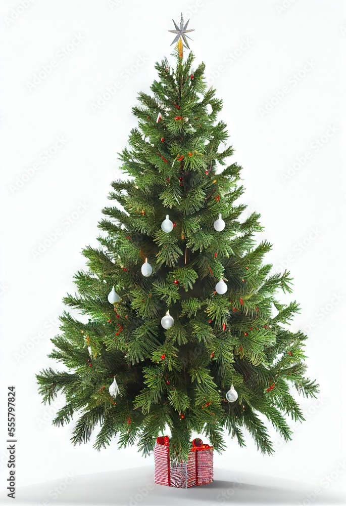 Fototapeta premium Christmas Tree Single Ornaments Lights Presents Vertical Flat White Background Image