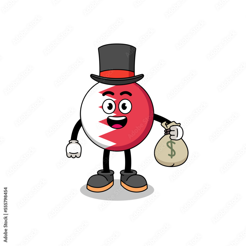 bahrain flag mascot illustration rich man holding a money sack