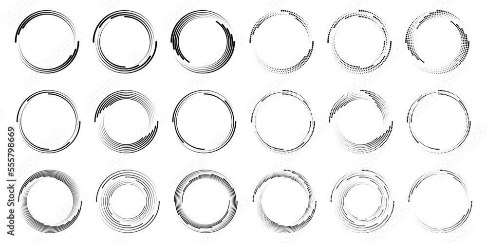 Set of black vector stripes and dots in circle form. Trendy design