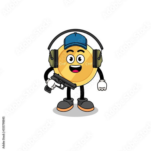Character mascot of swiss franc doing shooting range