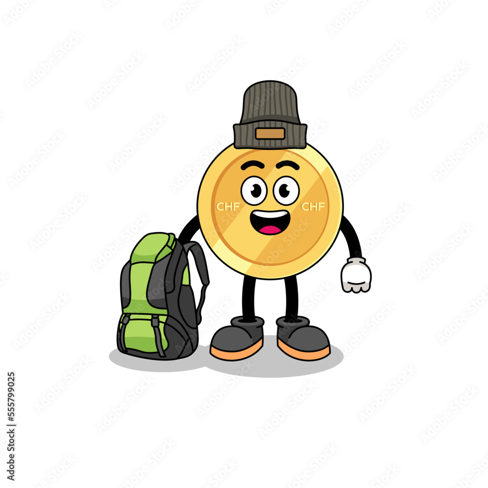 Illustration of swiss franc mascot as a hiker