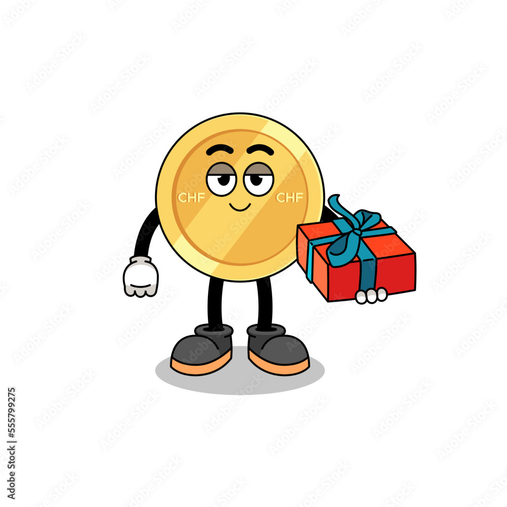 swiss franc mascot illustration giving a gift swiss franc mascot illustration giving a gift