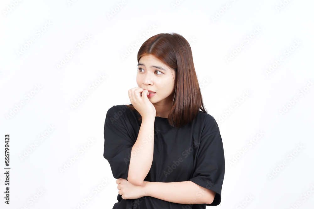 Afraid , nervous and bite nails of Beautiful Asian Woman Isolated On White Background Afraid , nervous and bite nails of Beautiful Asian Woman Isolated On White Background