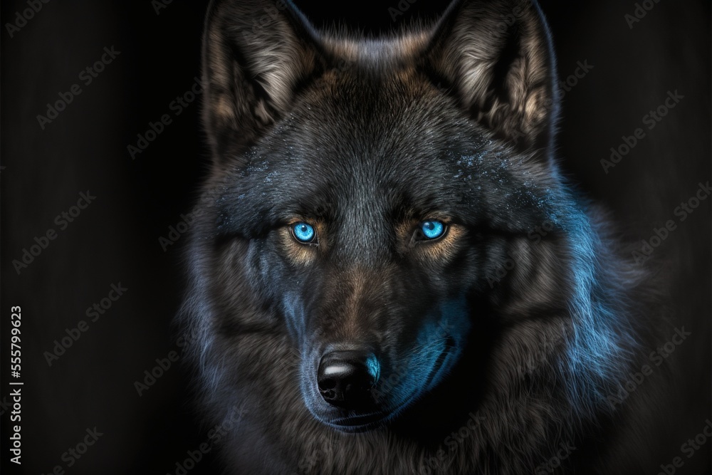 Black wolf with blue eyes, beautiful wild animal Black wolf with blue eyes, beautiful wild animal