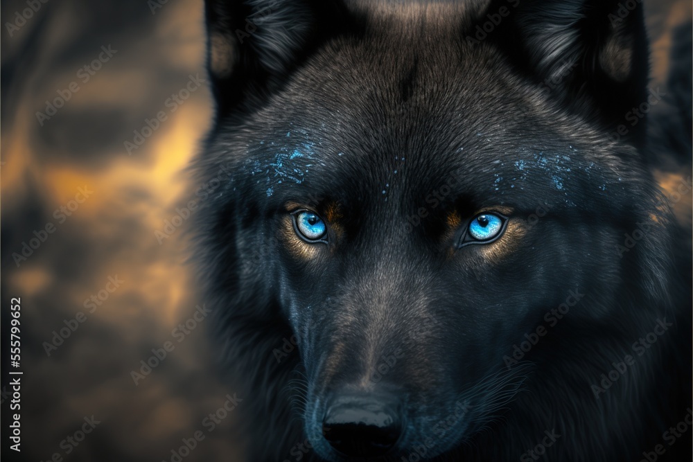Black wolf with blue eyes, beautiful wild animal Black wolf with blue eyes, beautiful wild animal