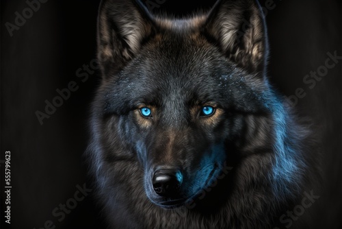 Black wolf with blue eyes, beautiful wild animal