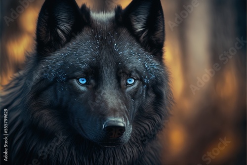 Black wolf with blue eyes, beautiful wild animal © Hixel