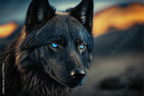 Black wolf with blue eyes, beautiful wild animal