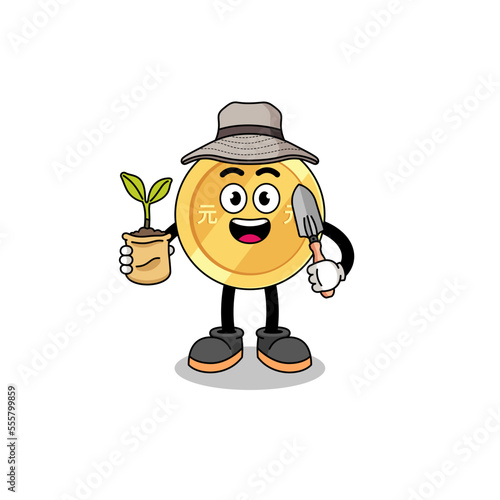 Illustration of chinese yuan cartoon holding a plant seed
