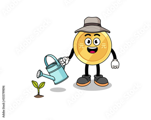 Illustration of chinese yuan cartoon watering the plant