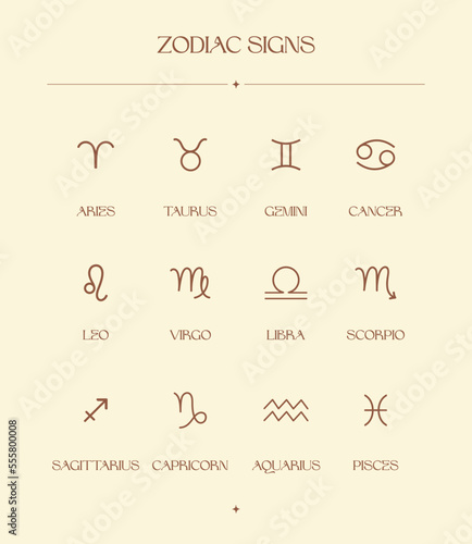 Zodiac Signs Design Illustrations. Esoteric Vector Elements. Icons.