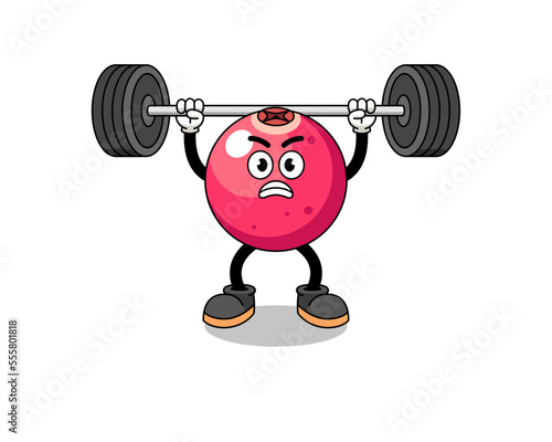 cranberry mascot cartoon lifting a barbell