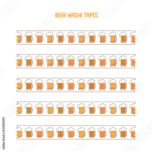 Set of Beer or Beer glass patterned washi tape isolated on a white background. Vector and illustration of a decorative tape.