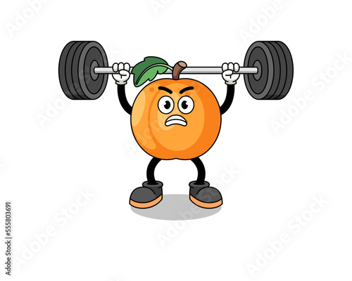 apricot mascot cartoon lifting a barbell
