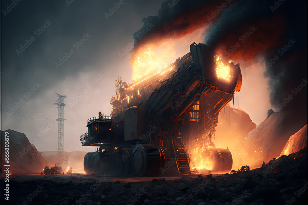Illustration of mining equipment on fire. 