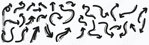 Hand drawn black arrows isolated. Vector line doodles isolated on white. Isolated vector hand drawn arrows set on a white background