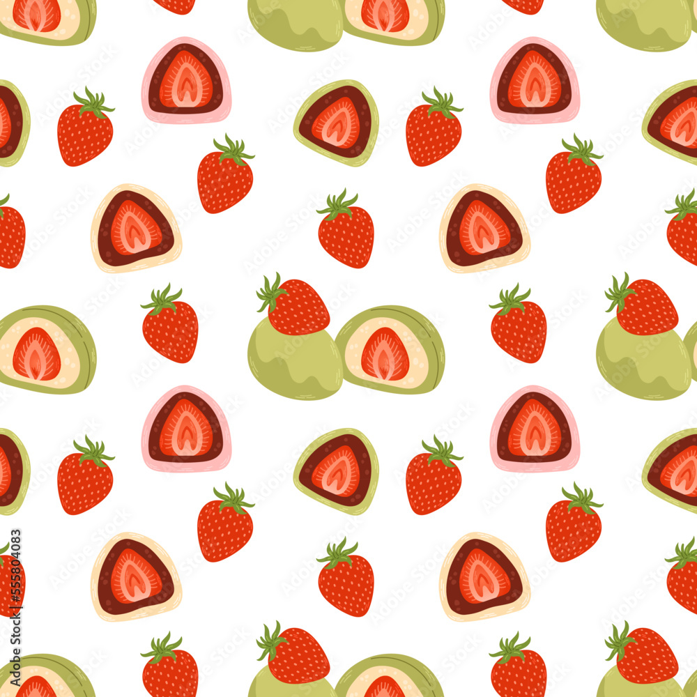 Daifuku seamless pattern vector. Daifuku and strawberries on white background. Japanese desserts. Daifuku seamless pattern vector. Daifuku and strawberries on white background. Japanese desserts.
