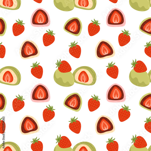 Daifuku seamless pattern vector. Daifuku and strawberries on white background. Japanese desserts.