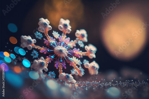 Colorful Snowflake Macro shot, extreme close up of a snowflake that is colorful with rainbow colors and bokeh Generative AI © Kelly Cree