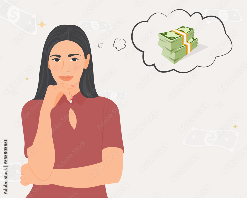 Beautiful young woman thinking about money, earning, living wealthy. Business or finance concept vector illustration. Beautiful young woman thinking about money, earning, living wealthy. Business or finance concept vector illustration.