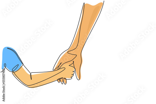 Single one line drawing parent holds hand of small child. Childhood with family. Boy have bonding with his father. Hero father and family pride. Continuous line draw design graphic vector illustration