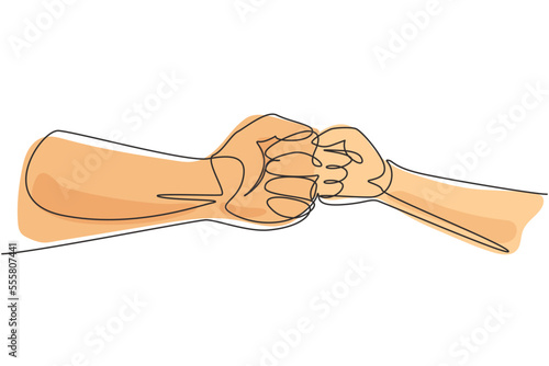 Single continuous line drawing son and father's fist touching each other. Old man and kid holding hands together. Boy have bonding with his father. One line draw graphic design vector illustration