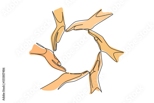 Single continuous line drawing palms and circle hand gesture. Sign or symbol of protection, cooperation, care. Communication with hand gestures. One line draw graphic design vector illustration