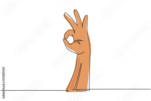Single one line drawing hand showing okay or perfect gesture. Number three hand count. Learn to count numbers. Nonverbal signs or symbols. Modern continuous line design graphic vector illustration