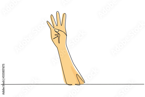 Single continuous line drawing hand count number four. Learn to count numbers. The concept of education for children. Nonverbal signs or symbols. One line draw graphic design vector illustration