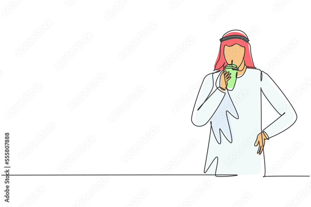 Continuous one line drawing portrait of young Arabian handsome male drinking orange juice from plastic cup. Make him refreshing in summer season. Single line draw design vector graphic illustration Continuous one line drawing portrait of young Arabian handsome male drinking orange juice from plastic cup. Make him refreshing in summer season. Single line draw design vector graphic illustration