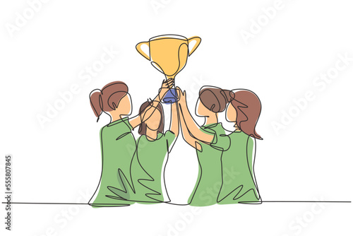 Continuous one line drawing female athlete team in sports jersey holding golden trophy together. Celebrating victory of international championship. Single line draw design vector graphic illustration