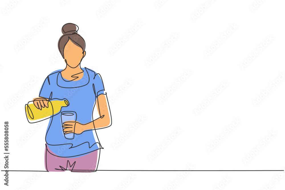 Single one line drawing young beautiful woman pouring orange juice into glass from bottle while having breakfast at home. Healthy lifestyle. Continuous line draw design graphic vector illustration Single one line drawing young beautiful woman pouring orange juice into glass from bottle while having breakfast at home. Healthy lifestyle. Continuous line draw design graphic vector illustration