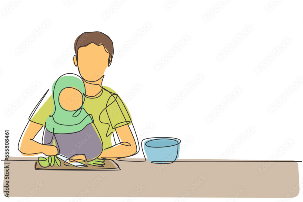 Continuous one line drawing Arabian father teaching his little daughter to cut vegetables and fruit. Healthy food at home. Happy family in kitchen. Single line draw design vector graphic illustration Continuous one line drawing Arabian father teaching his little daughter to cut vegetables and fruit. Healthy food at home. Happy family in kitchen. Single line draw design vector graphic illustration