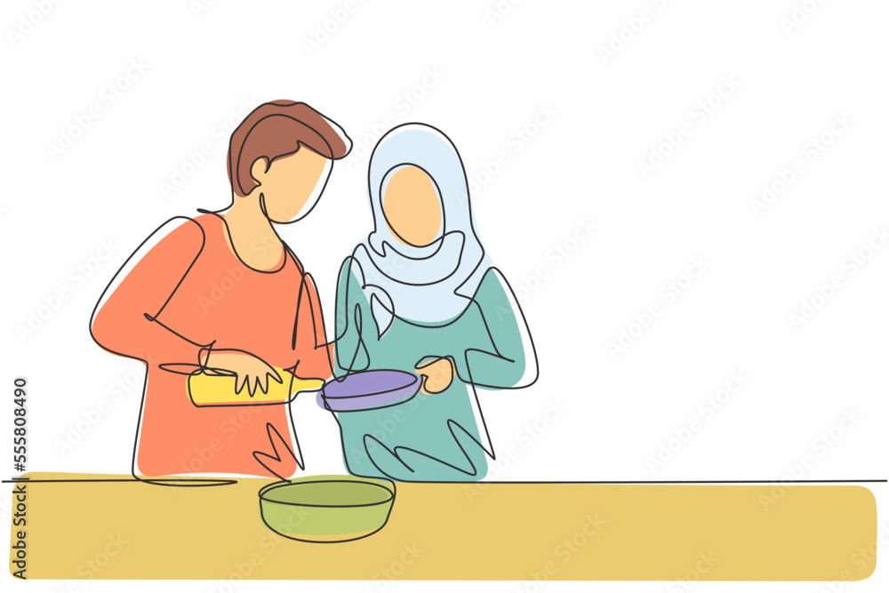 Continuous one line drawing romantic Arab couple pour oil into pan which is being held by one of them. Cooking preparation in cozy kitchen at home. Single line draw design vector graphic illustration Continuous one line drawing romantic Arab couple pour oil into pan which is being held by one of them. Cooking preparation in cozy kitchen at home. Single line draw design vector graphic illustration