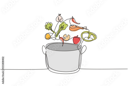 Single one line drawing pot is sprinkled with food ingredients such as vegetables, meat, onions, carrots, salt, pepper, and other spices. Modern continuous line draw design graphic vector illustration