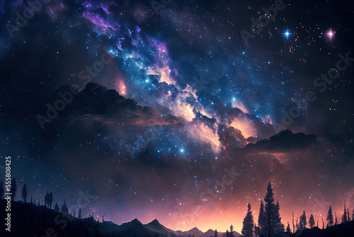 stars against a galaxy filled night sky. Generative AI
