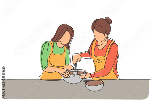 Single one line drawing happy family grandmother mother-in-law and daughter-in-law daughter knead cake dough using manual hand mixer. Modern continuous line draw design graphic vector illustration