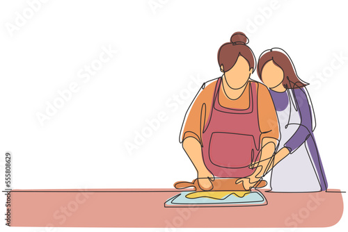 Single continuous line drawing happy family grandmother mother-in-law and daughter-in-law daughter cook in kitchen, knead dough and bake cookies. Dynamic one line graphic design vector illustration