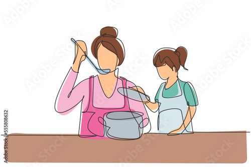 Continuous one line drawing little daughter holding pan lid and her beautiful mom tasting food using cooking spoon. Cooking together in kitchen. Single line draw design vector graphic illustration