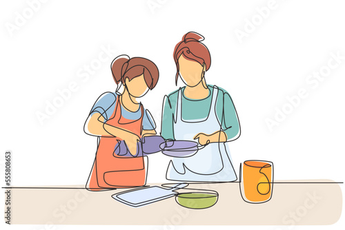 Single one line drawing mother and daughter pour oil into pan which is being held by one of them. Cooking preparation in cozy kitchen at home. Continuous line draw design graphic vector illustration