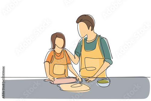 Single one line drawing happy father and daughter wearing apron cook in kitchen. Enjoying kneading cake dough or bakery together at home. Modern continuous line draw design graphic vector illustration
