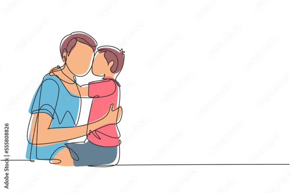 Single one line drawing sweet little boy is hugging and kissing his handsome daddy in cheek while sitting on bed at home. Fathers day. Modern continuous line draw design graphic vector illustration
