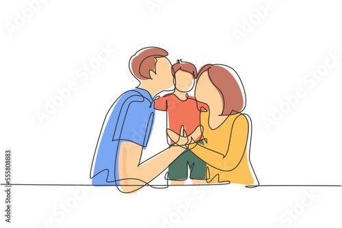 Continuous one line drawing parents kissing their little boy on his cheeks. Adorable child with an innocent expression. National children's day. Single line draw design vector graphic illustration