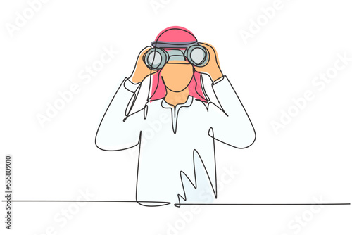 Single one line drawing Arabian businessman looking through binoculars searching for job. Find all opportunities in the world of suitable jobs. Continuous line draw design graphic vector illustration
