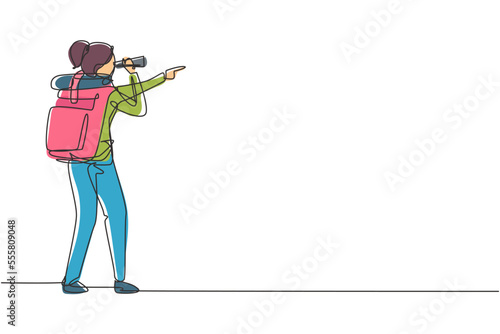 Continuous one line drawing female adventurer carrying backpack while looking through binoculars. Exploration of mountainous or hilly landscapes. Single line draw design vector graphic illustration